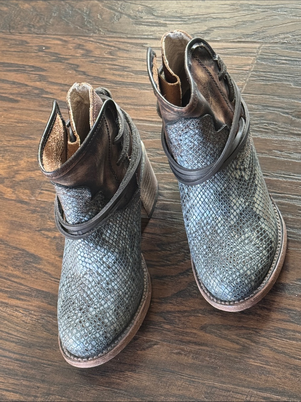 Freebird by Steven Metallic Gray and Distressed Brown Snake-Texture Ankle Boots - Picture 15 of 15
